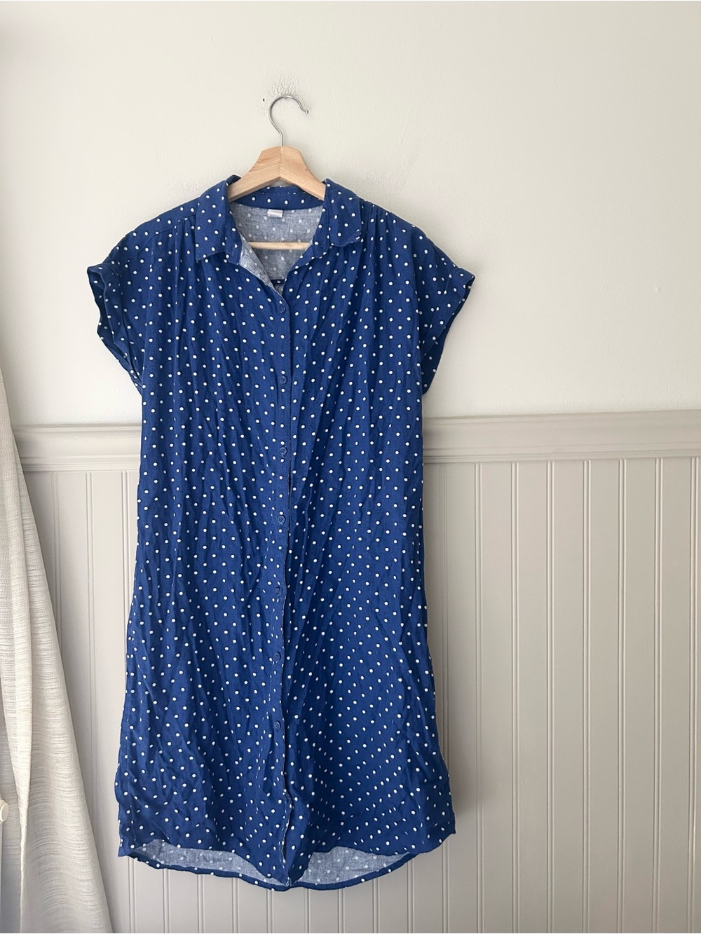 Old Navy Blue and White Polka Dot Linen Blend Button Down Midi Dress Medium